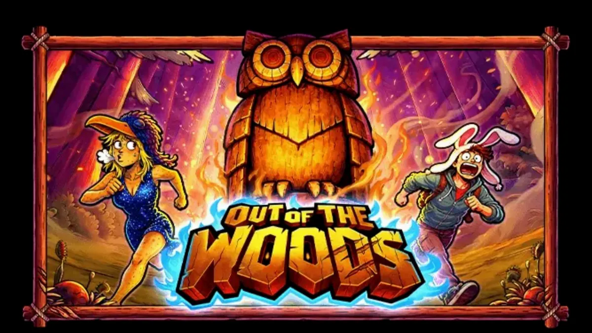 Tampilan visual slot Out of the Woods dengan karakter hewan dan latar belakang hutan.